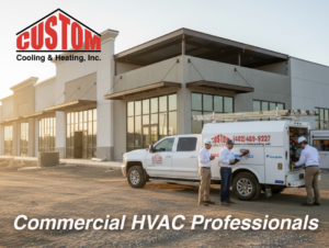Commercial HVAC technicians from Custom Cooling & Heating, INC discussing plans at a job site in Lincoln, NE.
