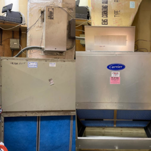 Commercial HVAC units with blue filters and a Carrier label, serviced by Frye Air Services in Mobile, AL