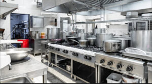 Commercial kitchen with exhaust hoods, a service area for Wire That Up-Fire Suppression & Hood Electrical in Suffolk, VA.