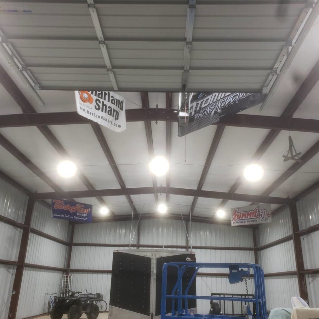 Commercial LED high bay lighting installation in a large industrial space by Superior Electric and Lighting LLC in Southaven, MS