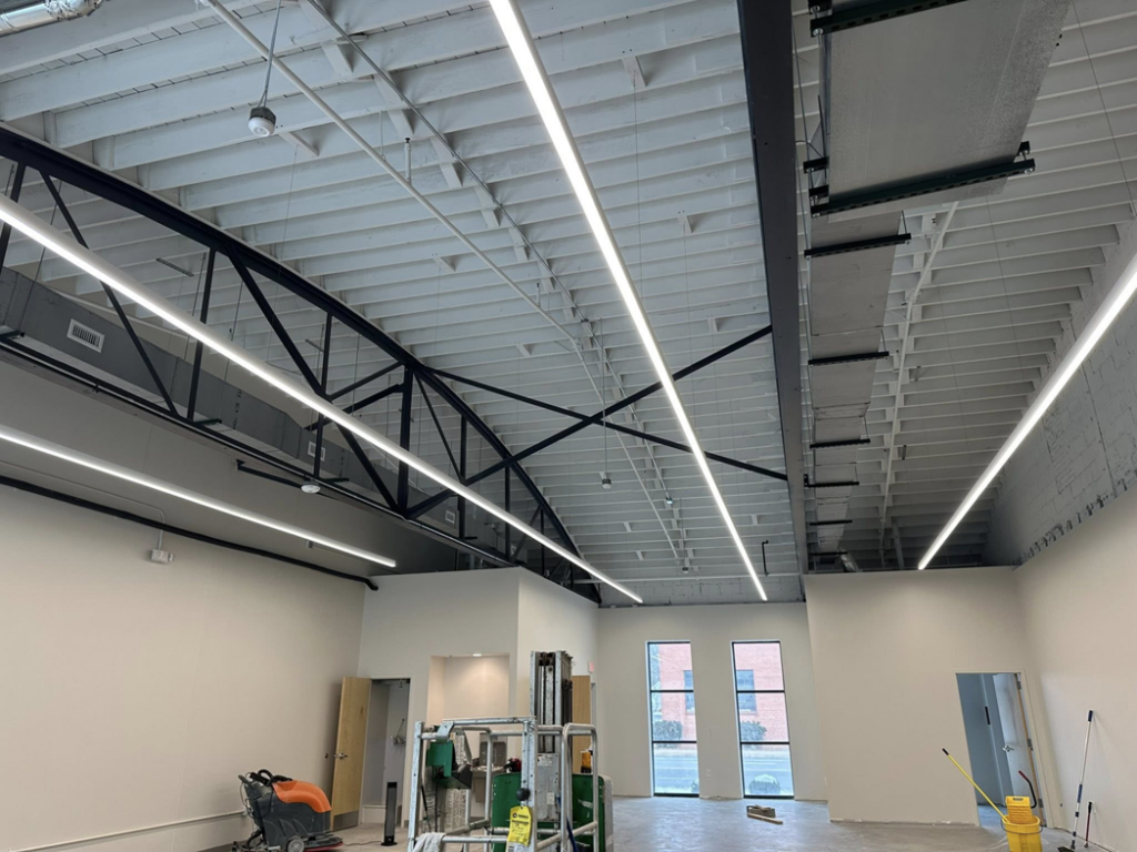 New commercial LED lighting installation in a large space by BEC Contracting, LLC in Clover, SC.