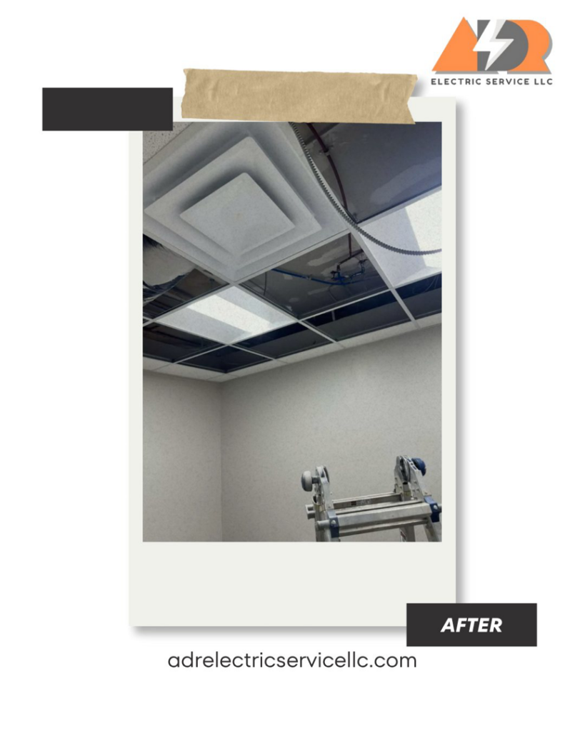 New square LED panel lights installed in a commercial grid ceiling by ADR Electric in Indianapolis, IN.