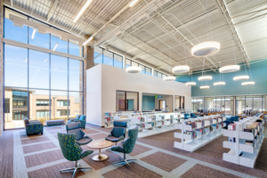 Spacious commercial library featuring new carpet installation by DCO Commercial Floors in Atlanta, GA.