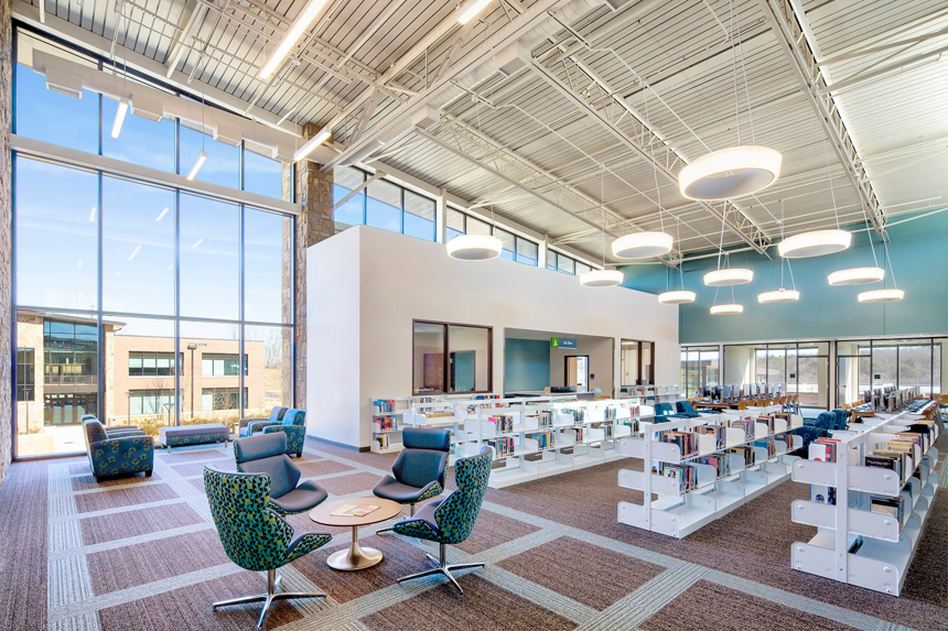 Spacious commercial library featuring new carpet installation by DCO Commercial Floors in Atlanta, GA.