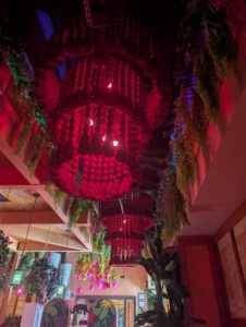 Decorative red commercial lighting fixtures professionally installed by Colman Electric in Cambridge, MA.