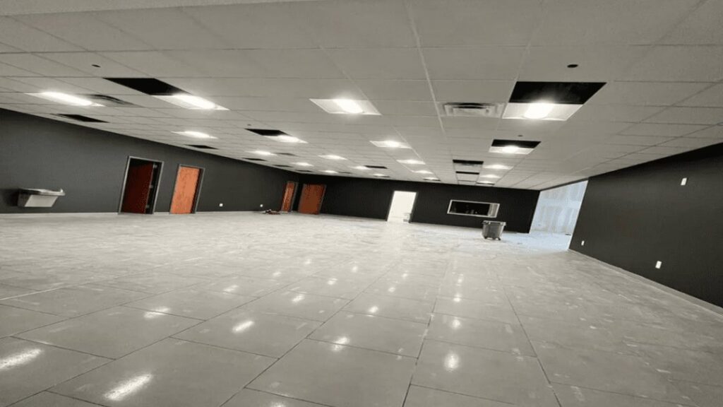 New commercial lighting installation completed by Fiedler Electric in a large room in Higginsville, MO.