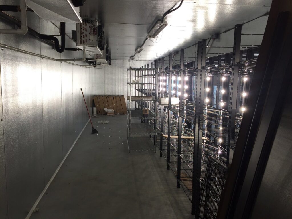 Extensive commercial lighting installed in a large storage or cooler space, showcasing electrical expertise from GOBE LLC in Columbia, MO.