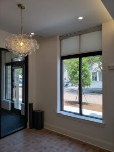 Stylish commercial lobby featuring an abstract patterned carpet installed by DCO Commercial Floors in Atlanta, GA.