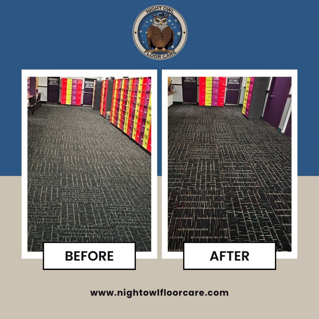 Before and after photos of commercial carpet cleaning in a locker room by Night Owl Floor Care in Wasilla, AK.