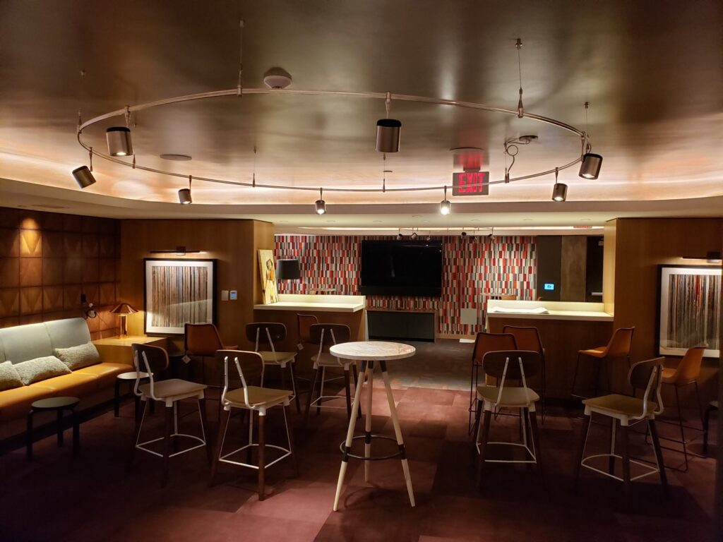 Commercial lounge area with modern lighting installation by Hawkins Electric Service, Inc. in Laurel, MD.