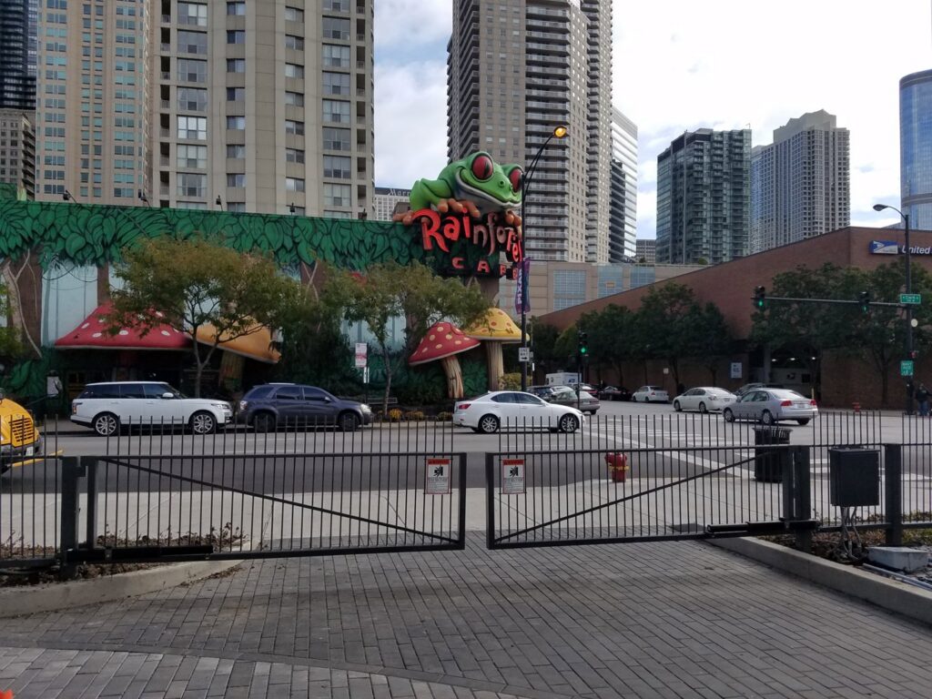 Commercial metal gates installed in front of Rainforest Cafe by Gate Options in West Chicago, IL