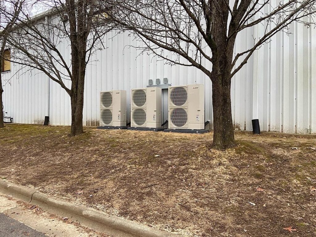 Multiple commercial Mitsubishi HVAC units installed by Pappy's Heating & Air INC for a business in Clayton, NC.