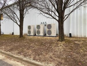 Multiple commercial Mitsubishi HVAC units installed by Pappy's Heating & Air INC for a business in Clayton, NC.