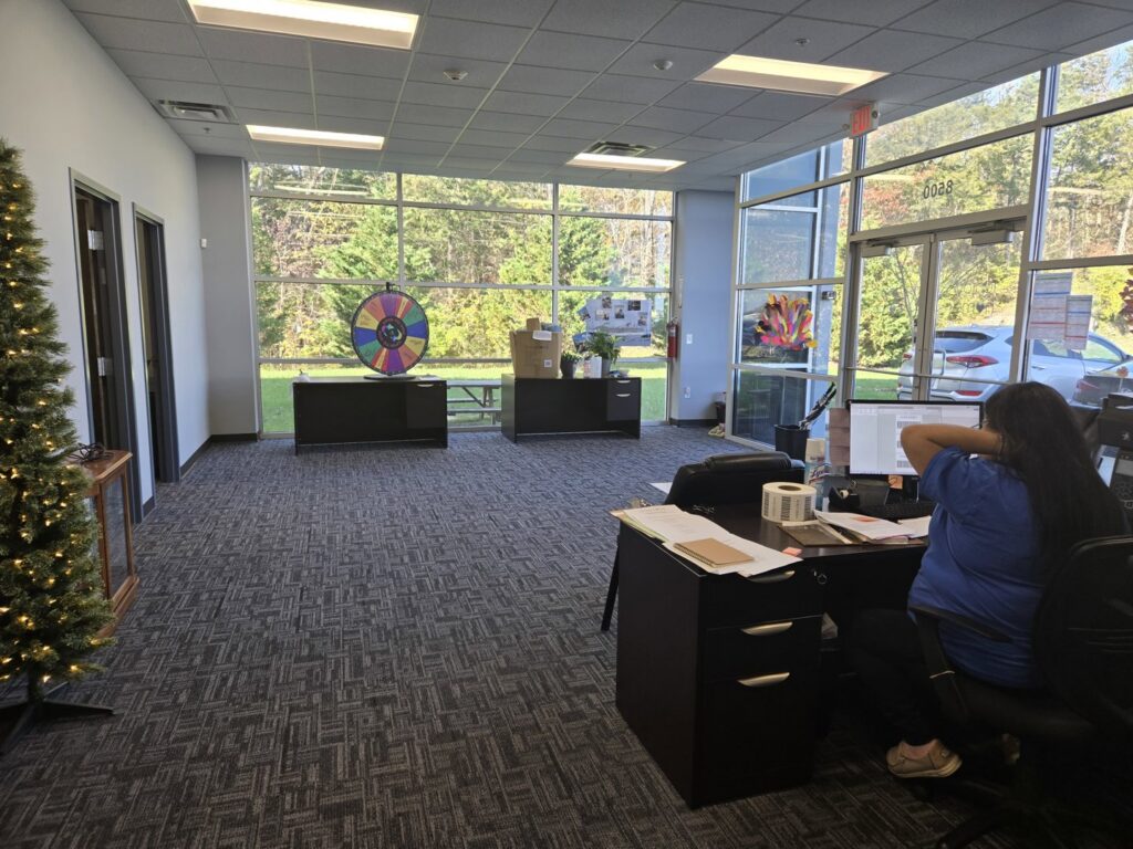 A commercial office space with new patterned carpet installed by Faith and Grace Flooring in Murfreesboro, TN.