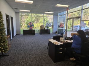 A commercial office space with new patterned carpet installed by Faith and Grace Flooring in Murfreesboro, TN.
