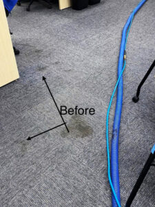 A stained commercial office carpet before cleaning, with equipment visible, by On The Spot Carpet Cleaning in Erie, PA.