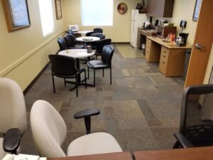 A commercial office space with newly installed carpet tiles by Bozeman Flooring in Bozeman, MT.