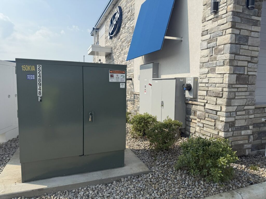 Large outdoor commercial electrical boxes and transformers installed by Bonham Electric, Inc. in Sacramento, CA.