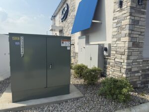 Large outdoor commercial electrical boxes and transformers installed by Bonham Electric, Inc. in Sacramento, CA.