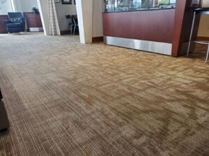Newly installed patterned commercial carpet in a business space by Bozeman Flooring in Bozeman, MT.