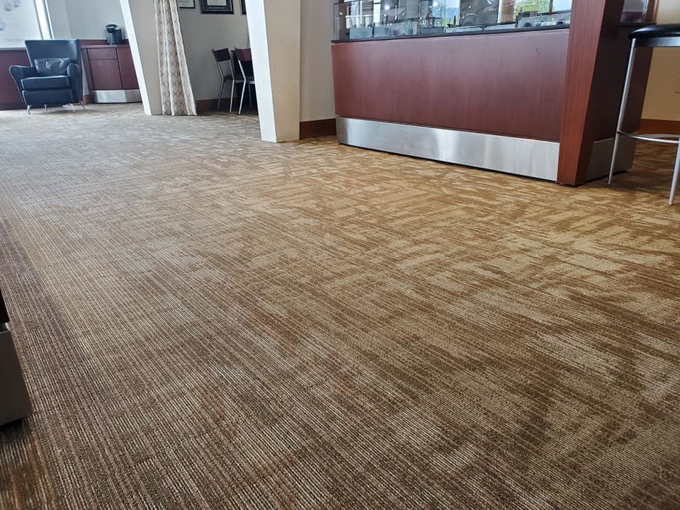 Newly installed patterned commercial carpet in a business space by Bozeman Flooring in Bozeman, MT.
