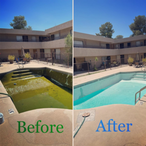 Before and after view of a large commercial pool cleaning service by Az Pool Man in Tucson, AZ, showing a dramatic transformation.