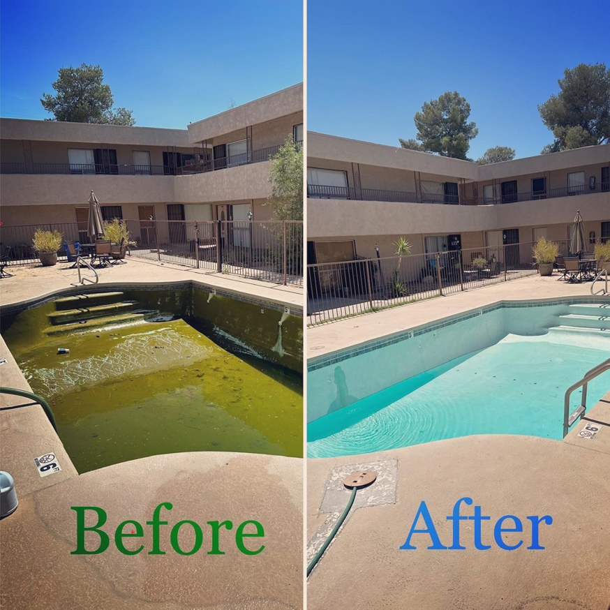 Before and after view of a large commercial pool cleaning service by Az Pool Man in Tucson, AZ, showing a dramatic transformation.