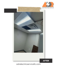 Rectangular LED panel lights installed in a commercial grid ceiling after work by ADR Electric in Indianapolis, IN.