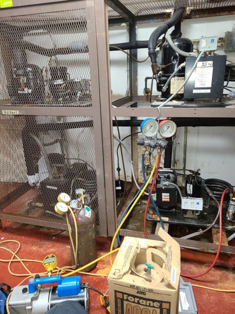 Commercial refrigeration compressors being serviced by Will Power Refrigeration Co in Yonkers, NY.
