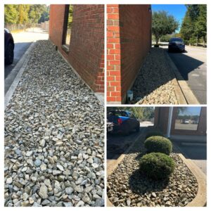 A collage showing rock landscaping around a commercial building, a service provided by Kirby's Lawn Care Service in Franklinton, LA.