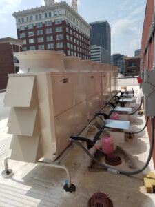 Commercial rooftop HVAC units installed by Polar Aire Heating & Cooling with city buildings in the background in Olathe, KS