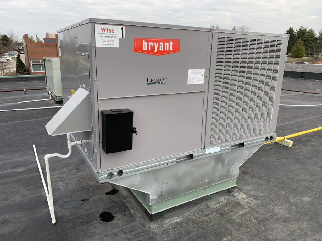 A commercial rooftop Bryant Legacy HVAC unit installation by Wise Heating & Air Conditioning, LLC in Louisville, KY.