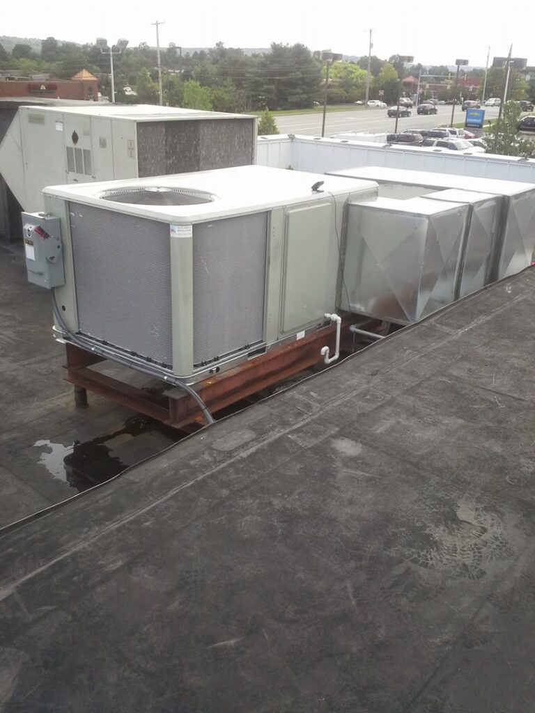 A commercial rooftop HVAC system with extensive ductwork, installed by Capitol Heating and Air in Morgantown, PA.