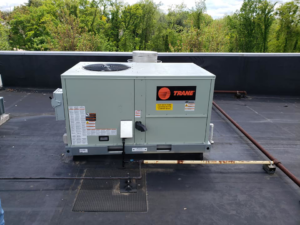 A commercial rooftop HVAC system by Trane, installed or serviced by J.M Heating, Air Conditioning and Refrigeration in Pittsburgh, PA.