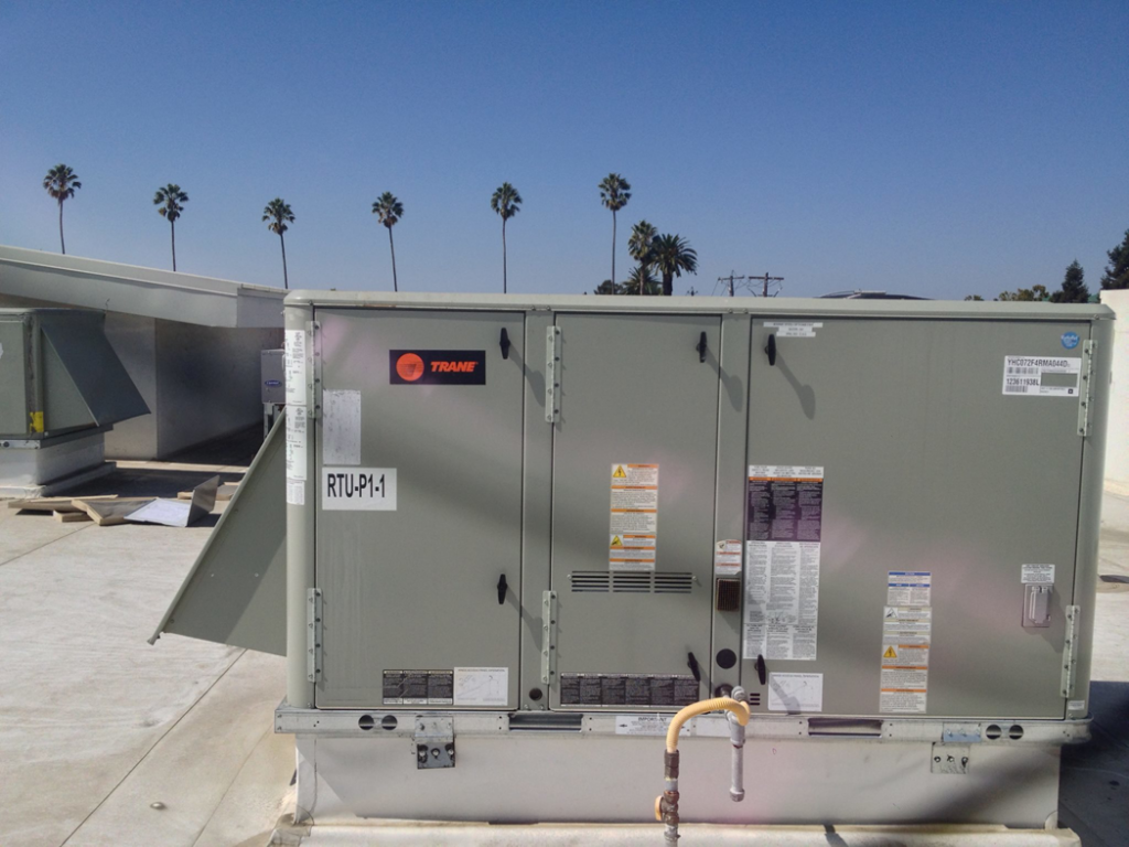 A large commercial Trane RTU-P1-1 rooftop HVAC unit installed by A and R Air Conditioning & Heating furnace in San Jose, CA.