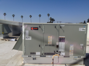 A large commercial Trane RTU-P1-1 rooftop HVAC unit installed by A and R Air Conditioning & Heating furnace in San Jose, CA.