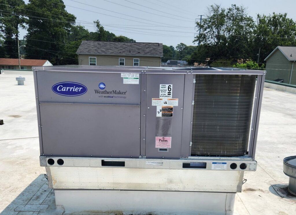 A large commercial rooftop Carrier HVAC unit installed by Borte Mechanical Services LLC in Chesapeake, VA