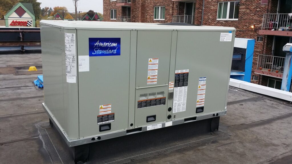 A commercial rooftop HVAC unit installation by AccuMax Incorporated in Aurora, IL.