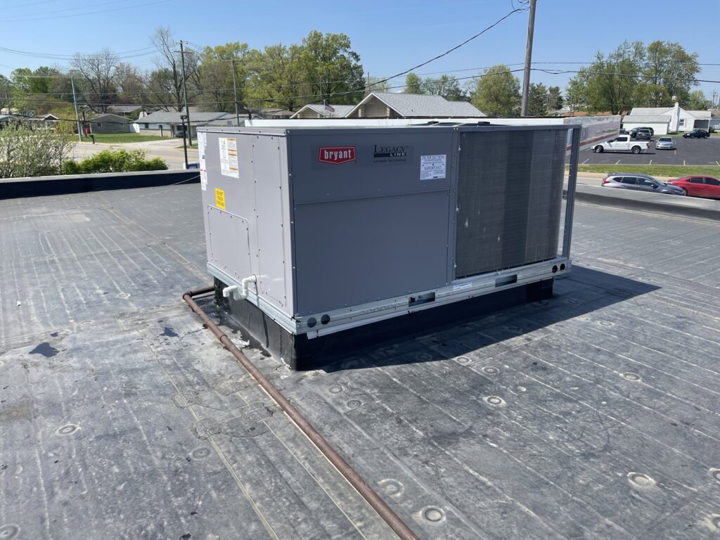 A large commercial rooftop HVAC unit installed by Wes-Tech Services in Bloomington, IN.
