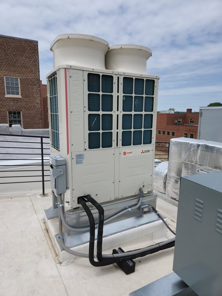 A large commercial rooftop Mitsubishi City Multi HVAC unit installed by ECA DuctWorks in Reston, VA