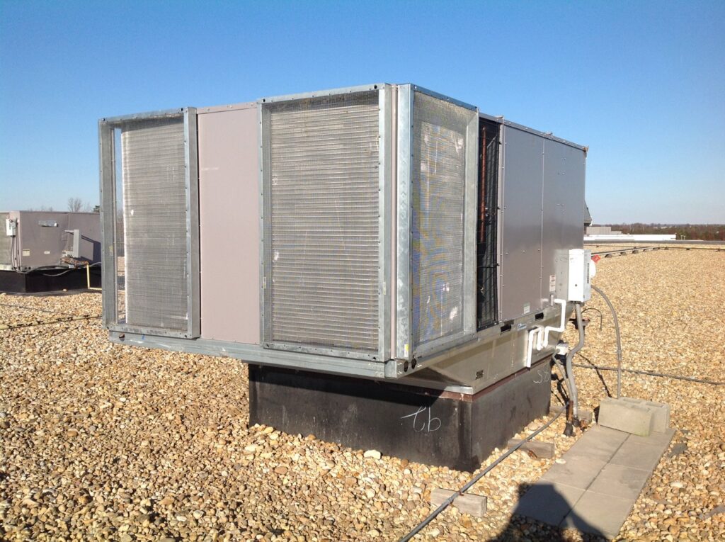 A large commercial rooftop HVAC unit serviced by Rescue Heating and Air Conditioning in Manassas, VA