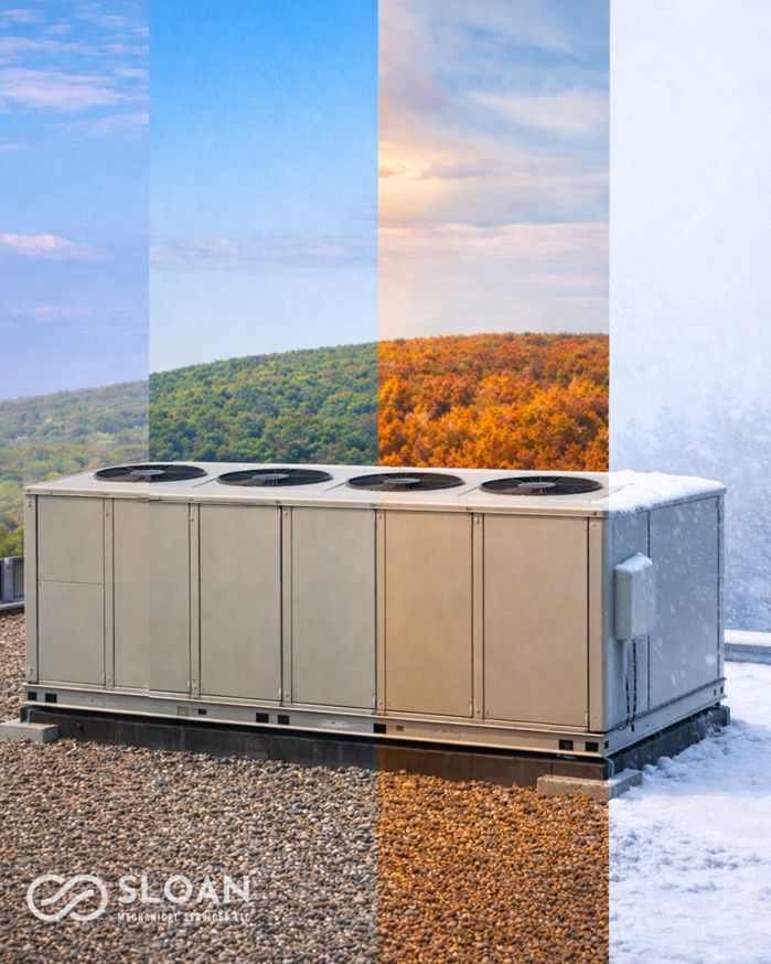 A large commercial rooftop HVAC unit maintained by Sloan Mechanical Services in Bridgeville, PA