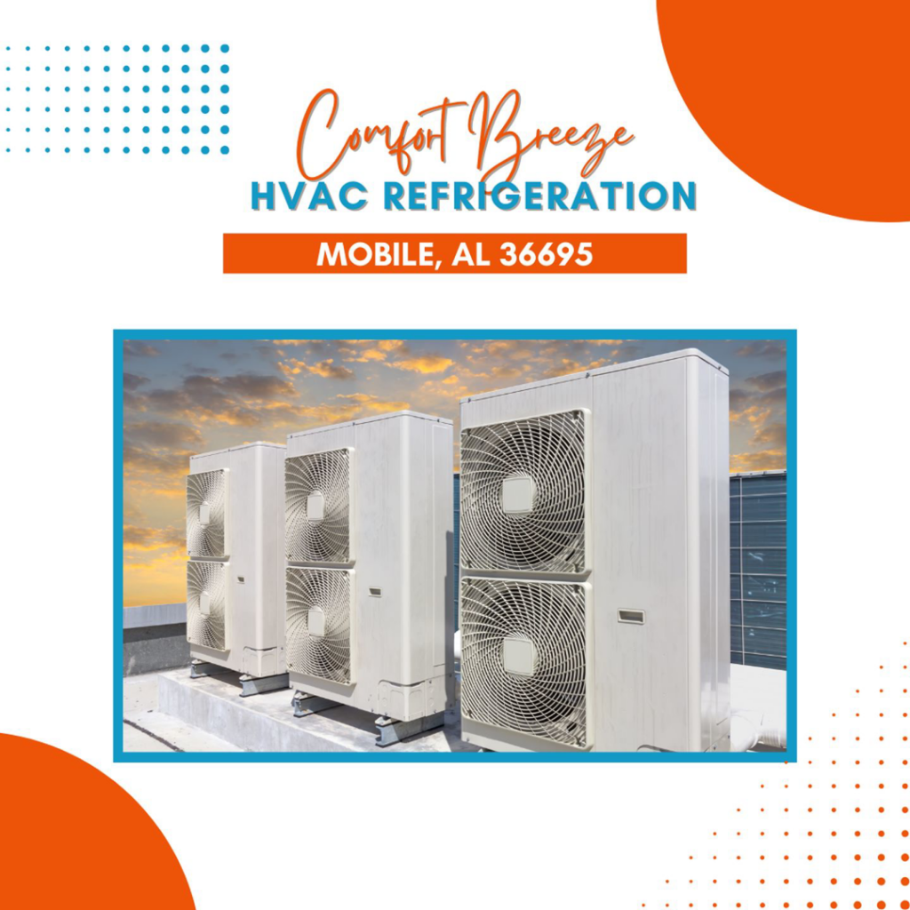 Several commercial rooftop HVAC units serviced by Comfort Breeze HVAC Refrigeration in Mobile, AL.
