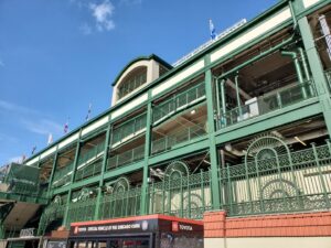 Commercial metal fencing and railings on the exterior of a large stadium building by Superior Custom Fence Inc. in Chicago, IL.