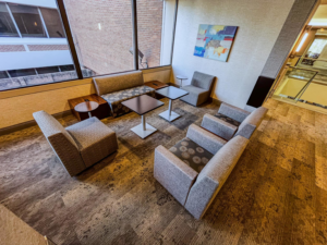 A commercial waiting area with newly installed patterned carpet by Brothers Flooring in Spokane, WA.