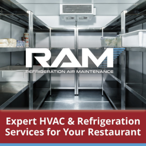 Interior view of a commercial walk-in cooler with an evaporator unit by RAM HVAC Pros in Stafford, TX.