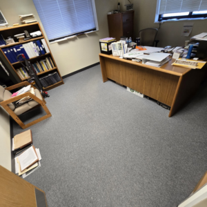 Freshly installed grey wall-to-wall carpet in a commercial office by LaValle Flooring Inc - Valley City in Valley City, ND.