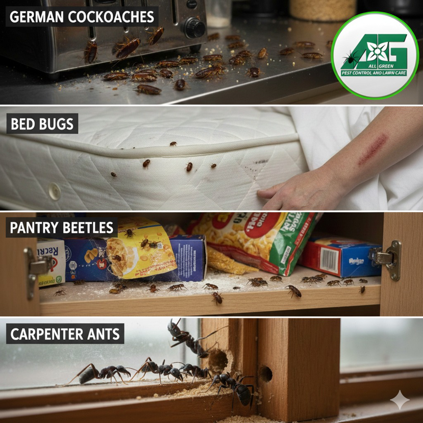 A collage showing common household pest infestations including cockroaches, bed bugs, and carpenter ants by All Green Pest Control and Lawn Care in Provo, UT.
