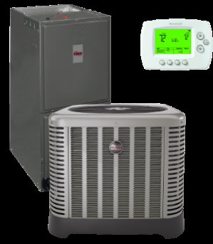 A complete HVAC system featuring an indoor furnace, an outdoor Ruud AC condenser unit, and a Honeywell thermostat, installed by B&G Air Specialists, LLC in Orlando, FL.