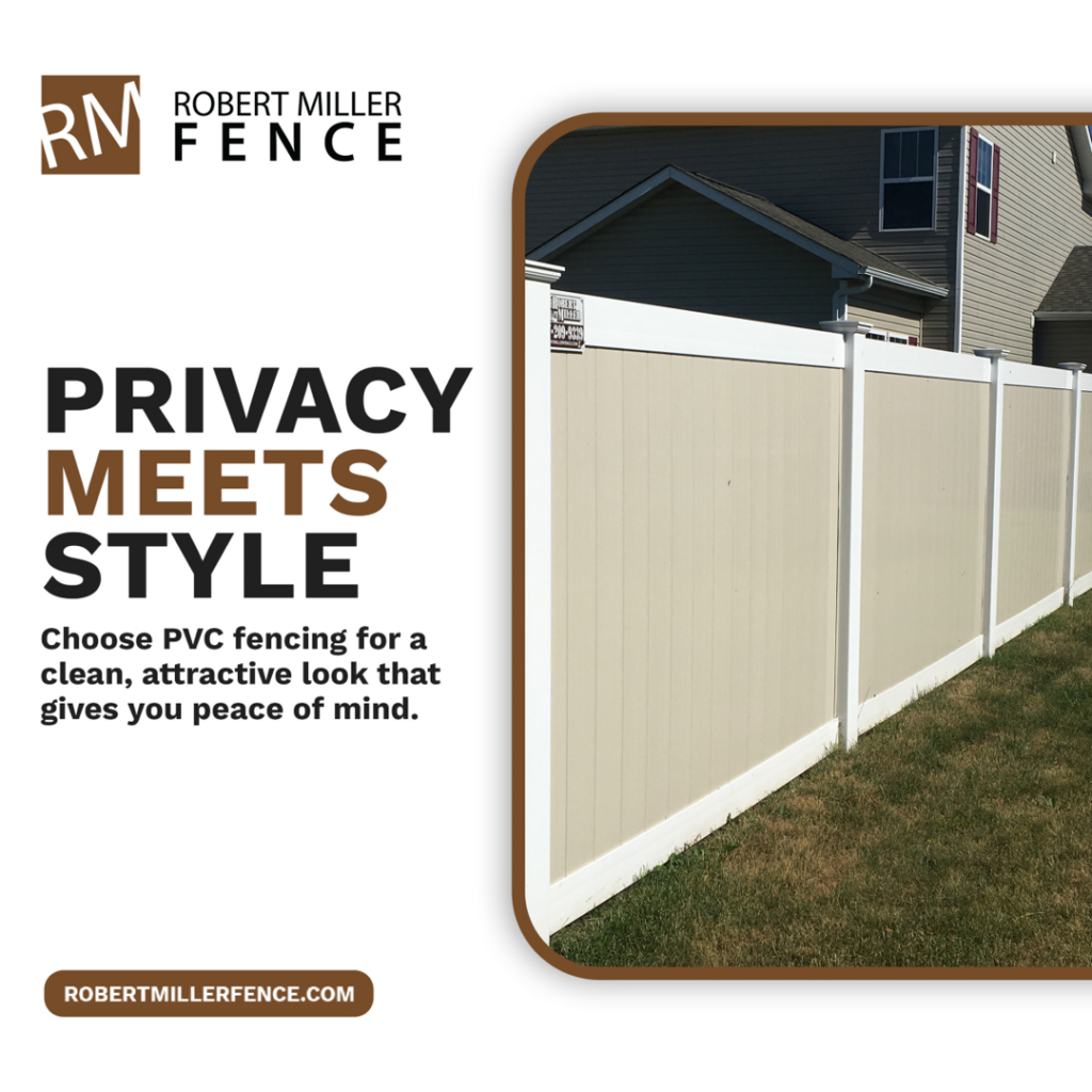 A newly installed beige PVC privacy fence in a residential backyard by Robert Miller Fence in Indianapolis, IN.
